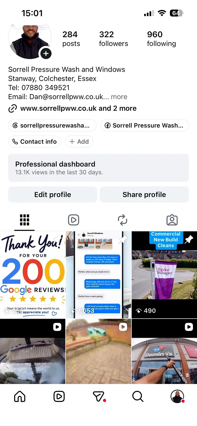 Sorrell Pressure Wash and Windows Instagram profile screenshot