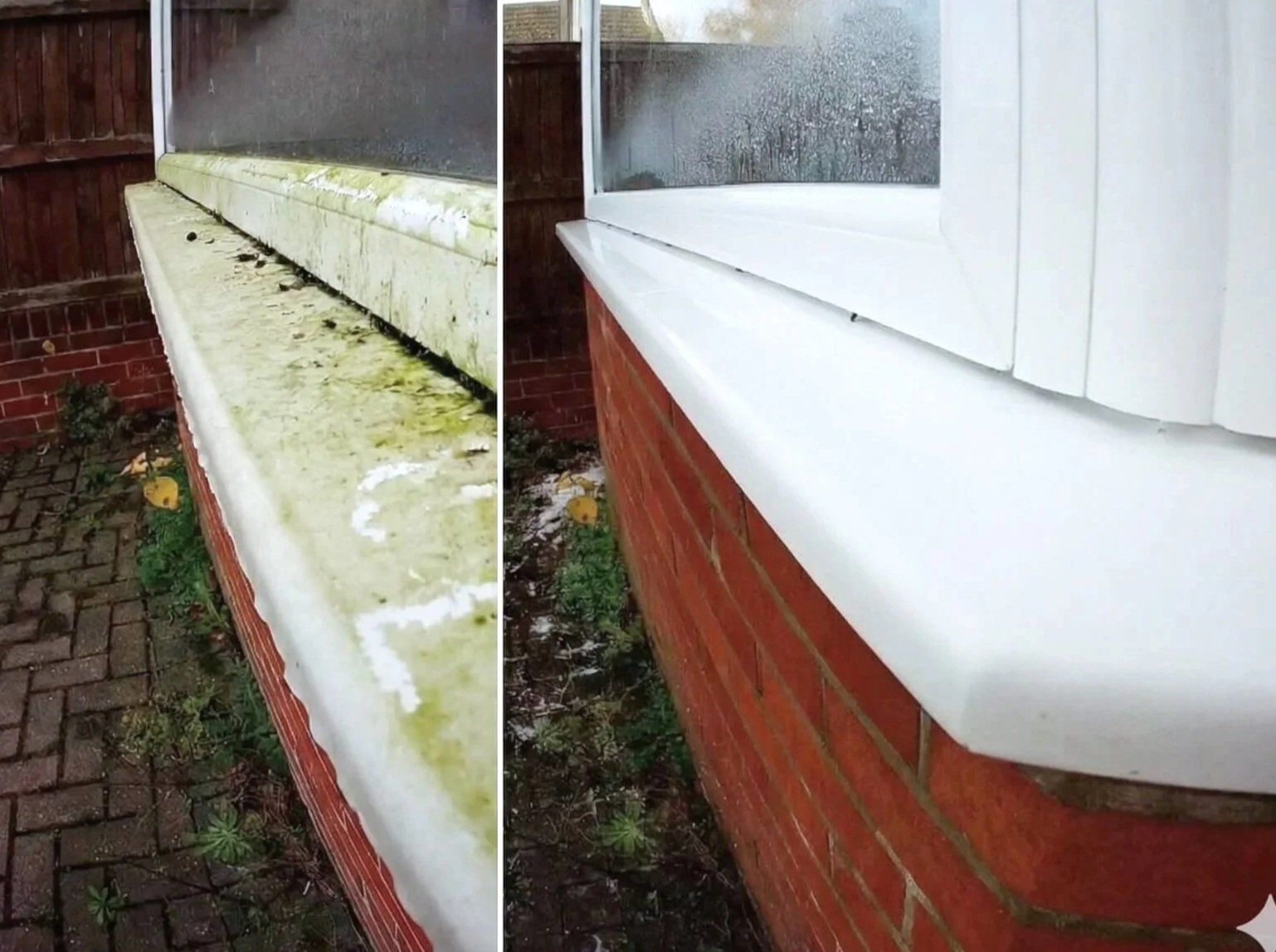 Window sill before and after cleaning